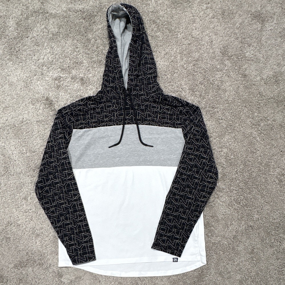 DKNY Men's‎ Black Gray White Knit Pullover Hoodie Logo Drawstring Long Sleeve L